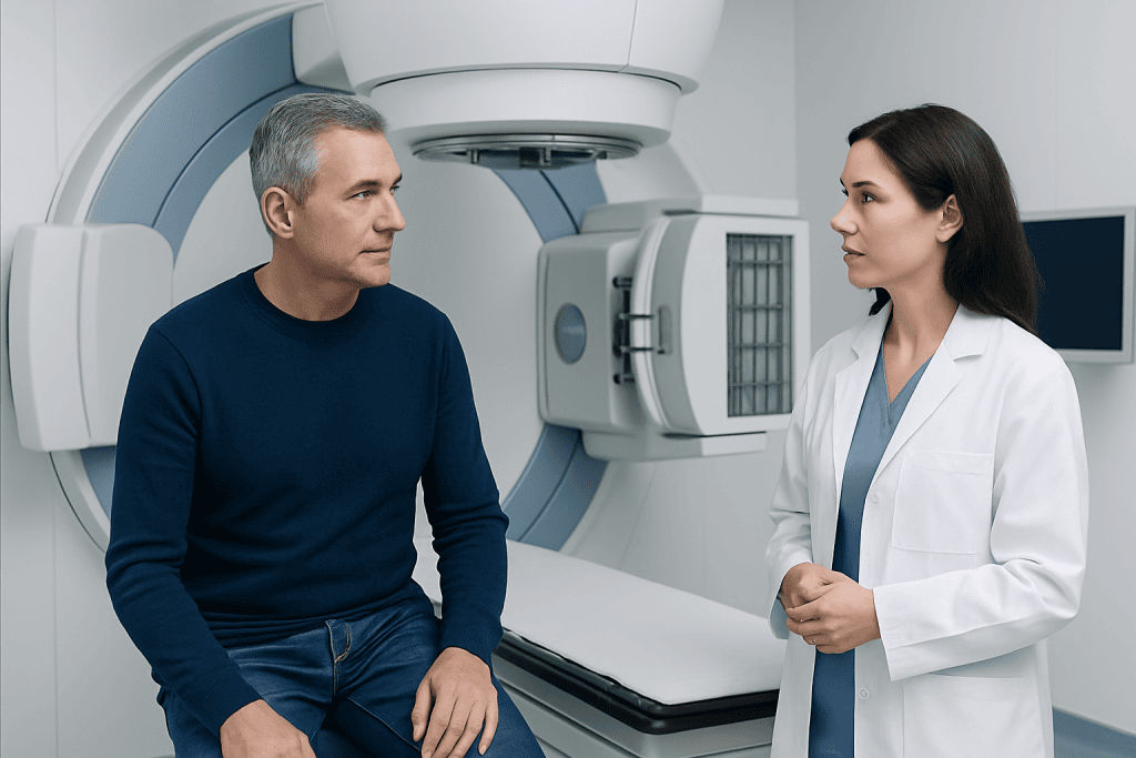 Patient and doctor discussing in a modern radiology room at Acibadem Hospitals.
