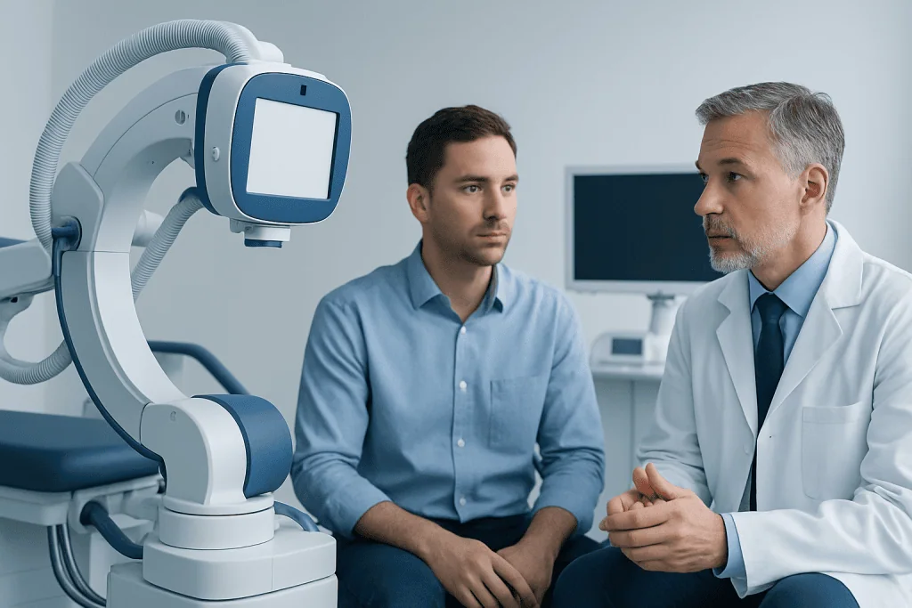 Doctor explaining medical imaging results to patient in hospital.