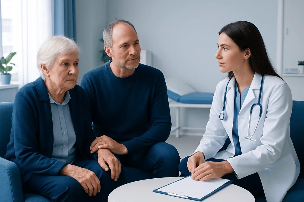 Doctor consulting elderly patients about dementia or Alzheimer's care.