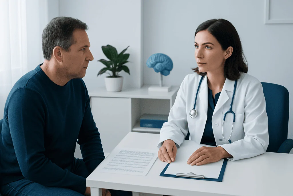 Doctor consulting with patient in a medical office setting.