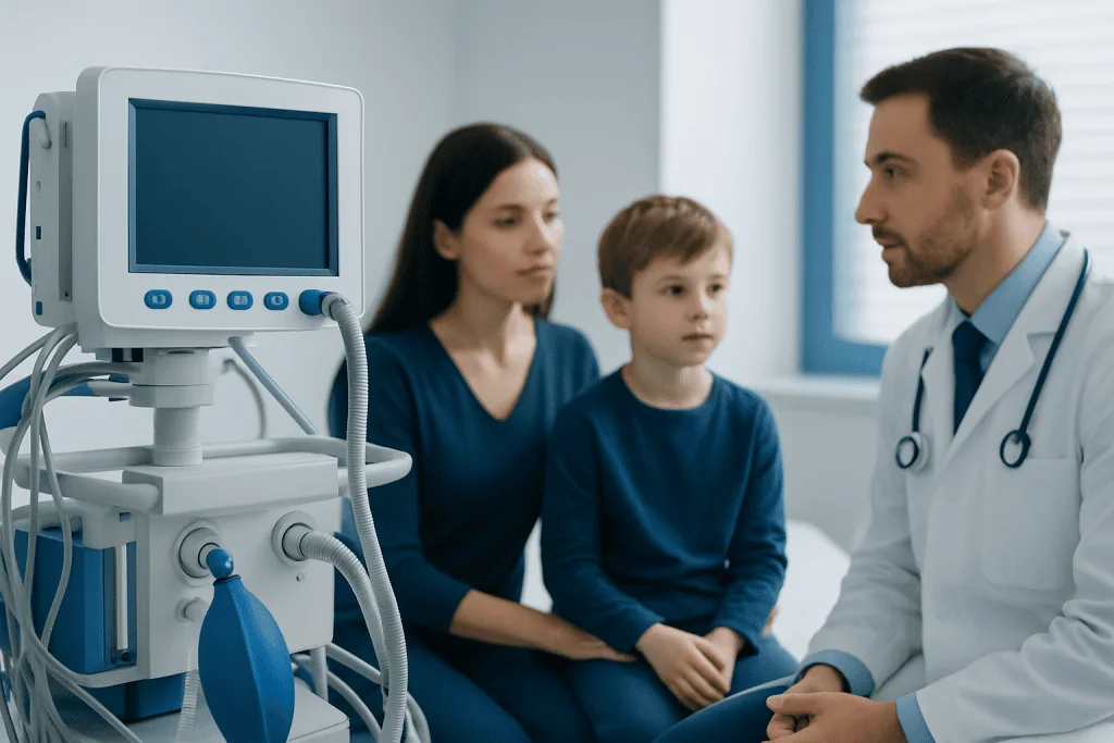 Doctor consulting with a mother and child in a hospital room with medical equipment.