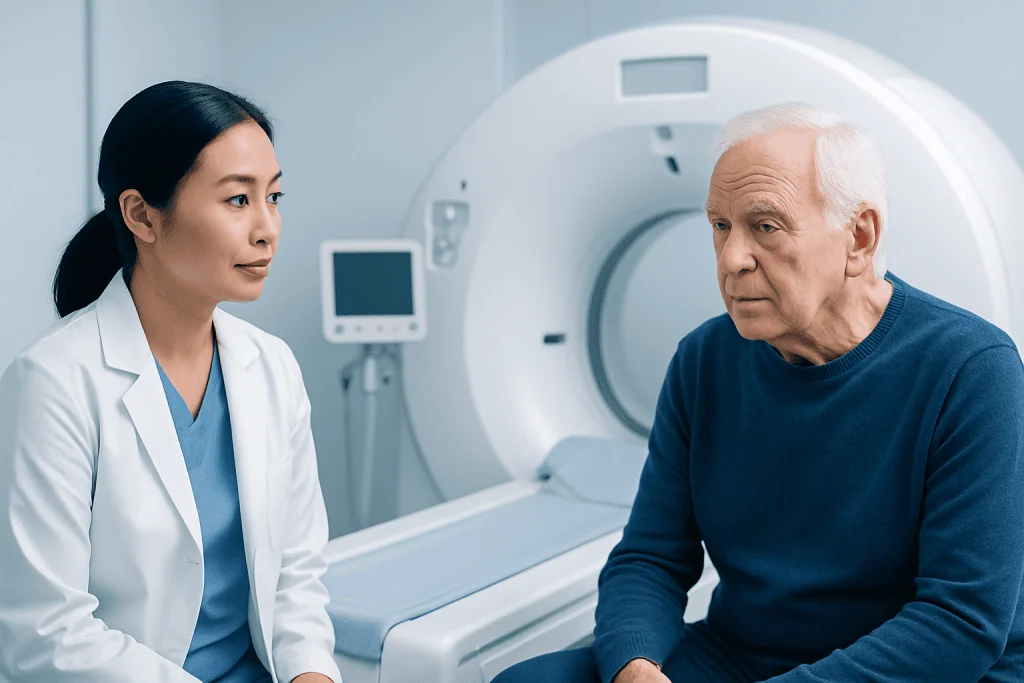 Doctor consulting with elderly patient in MRI room at Acibadem Hospital.