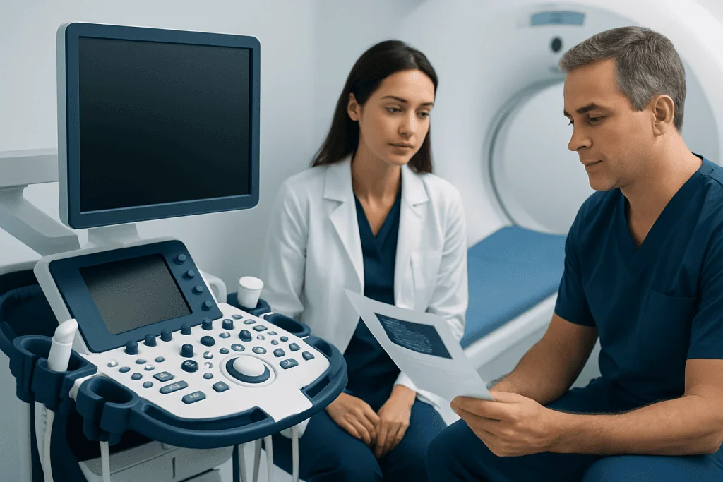 Medical professionals reviewing lab results in a hospital setting.