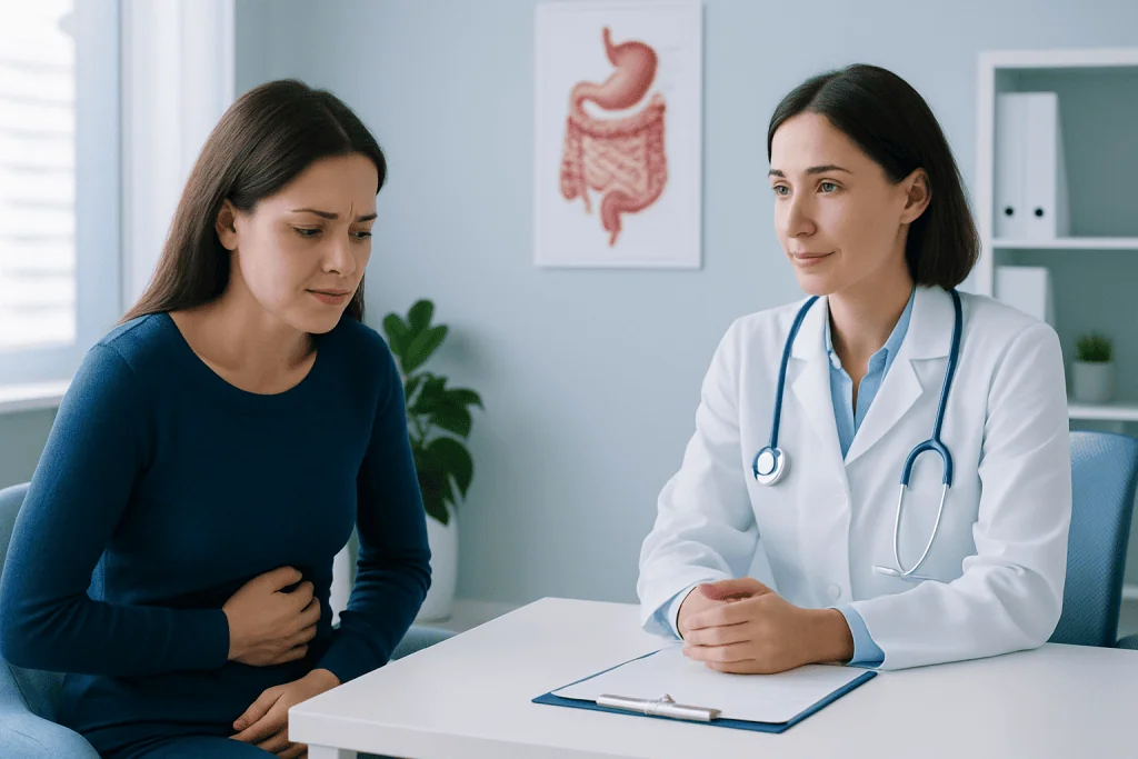 Doctor consulting patient about digestive health and symptoms.