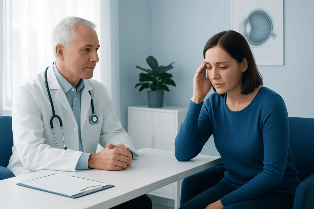 Doctor consulting with a woman patient about vision concerns in a clinic.