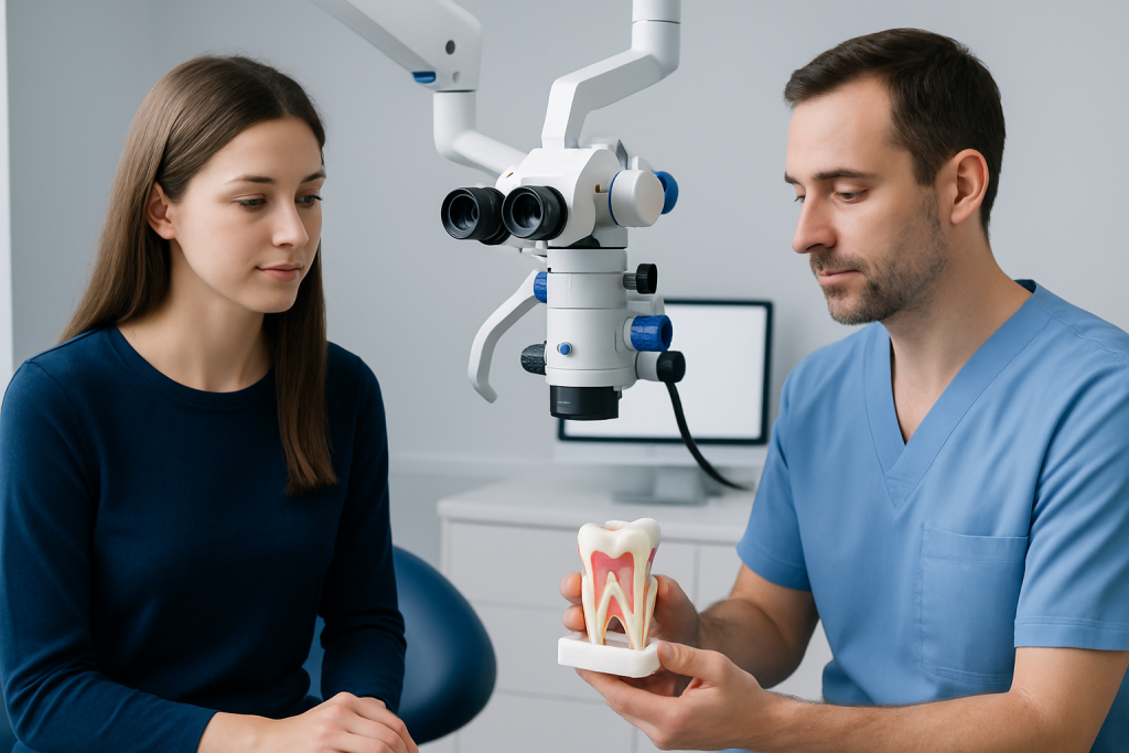 Dentist explaining root canal treatment with dental model to patient.