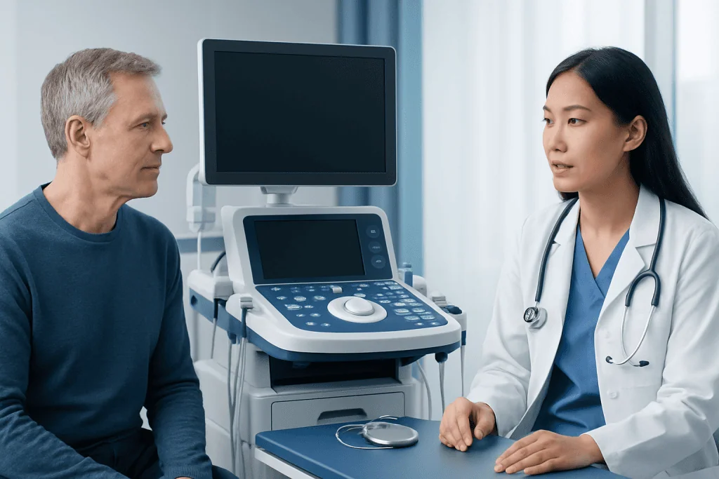 Doctor consulting with a patient in a medical examination room.