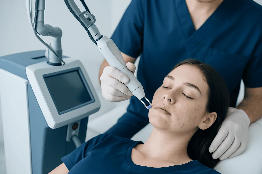 Dermatologist performing acne treatment with a laser device on a patient.