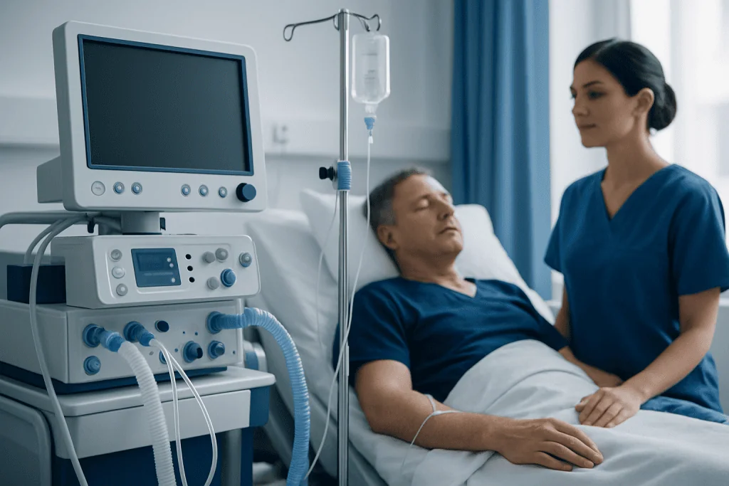 Hospital patient receiving medical care with monitoring equipment.