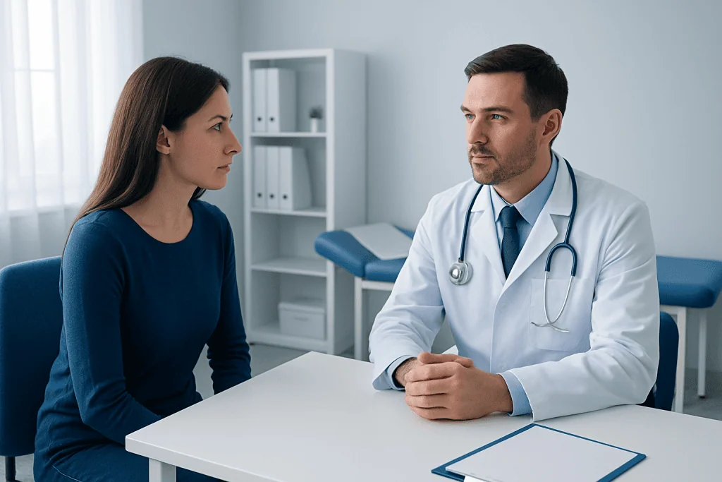 Doctor consulting with a female patient in a medical office setting.