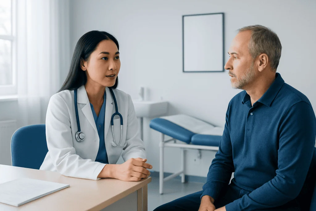 Doctor consulting with a male patient in a hospital room.