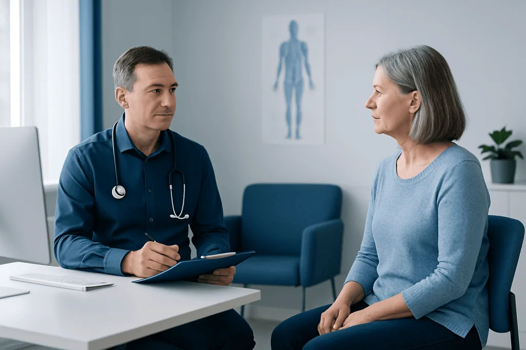 Doctor consulting with an elderly female patient in a medical office.