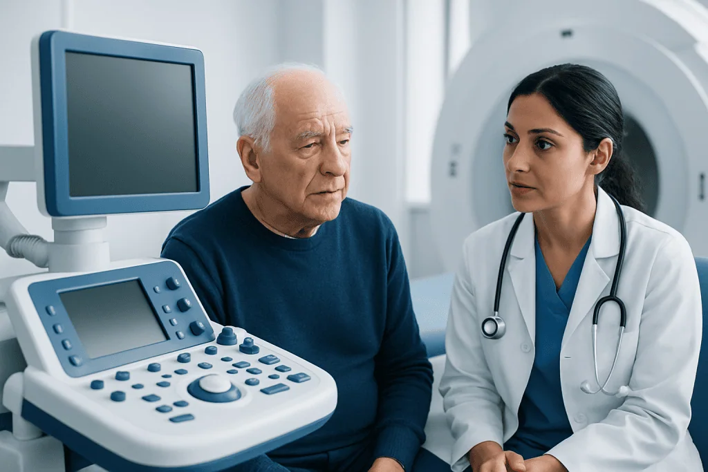 Geriatric neurology consultation at Acibadem Hospital with doctor and elderly patient.