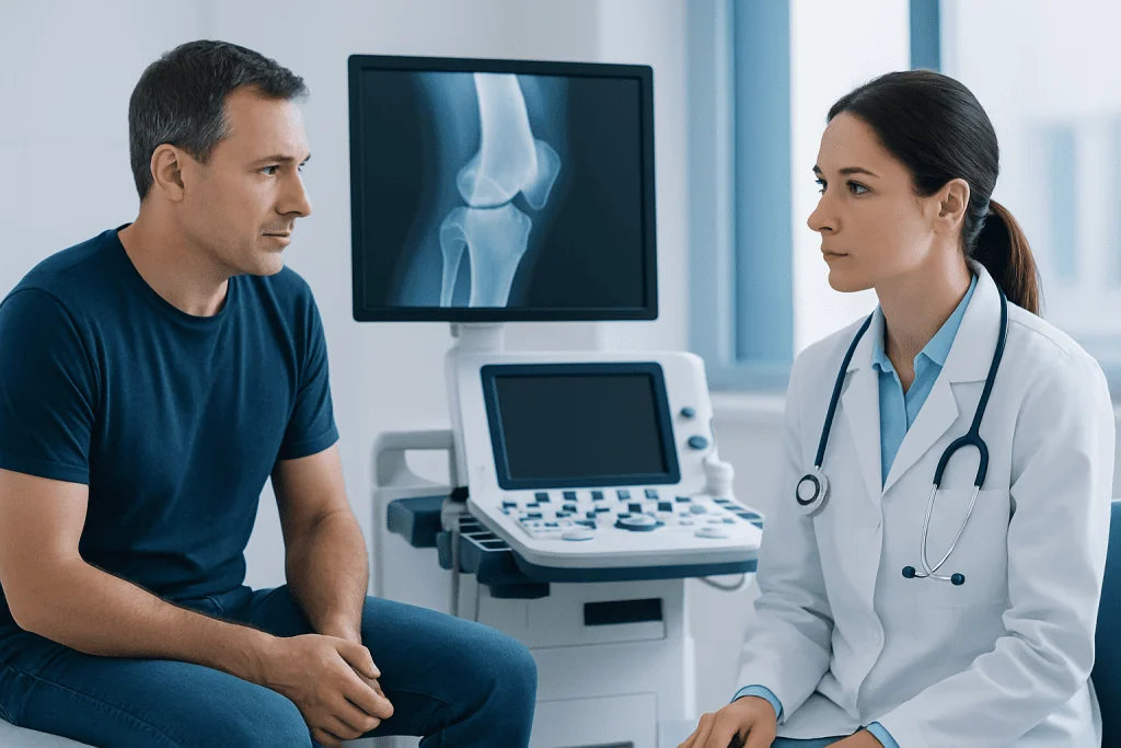Orthopedic consultation with doctor and patient discussing knee X-ray.