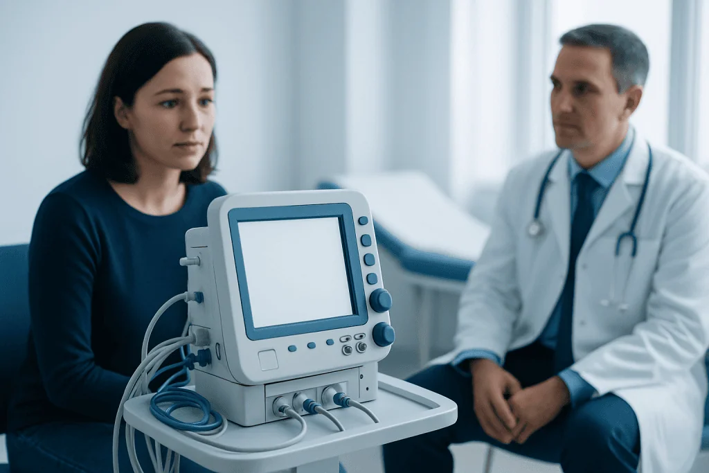 Doctor and patient in a medical consultation with monitoring equipment.