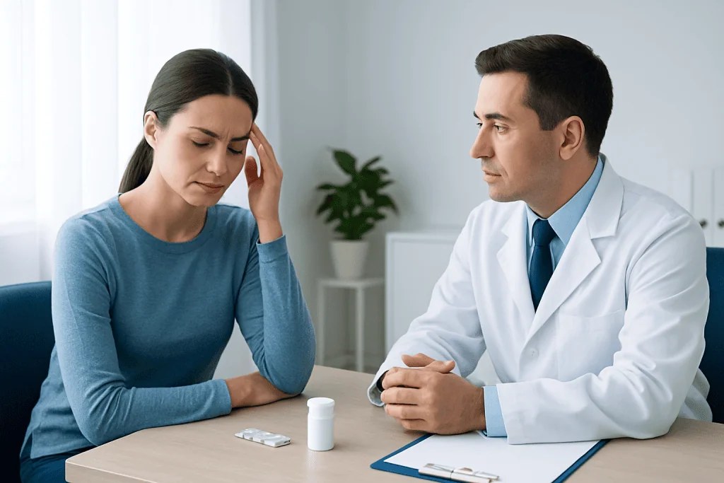 Doctor consulting with woman patient about headache medication options.