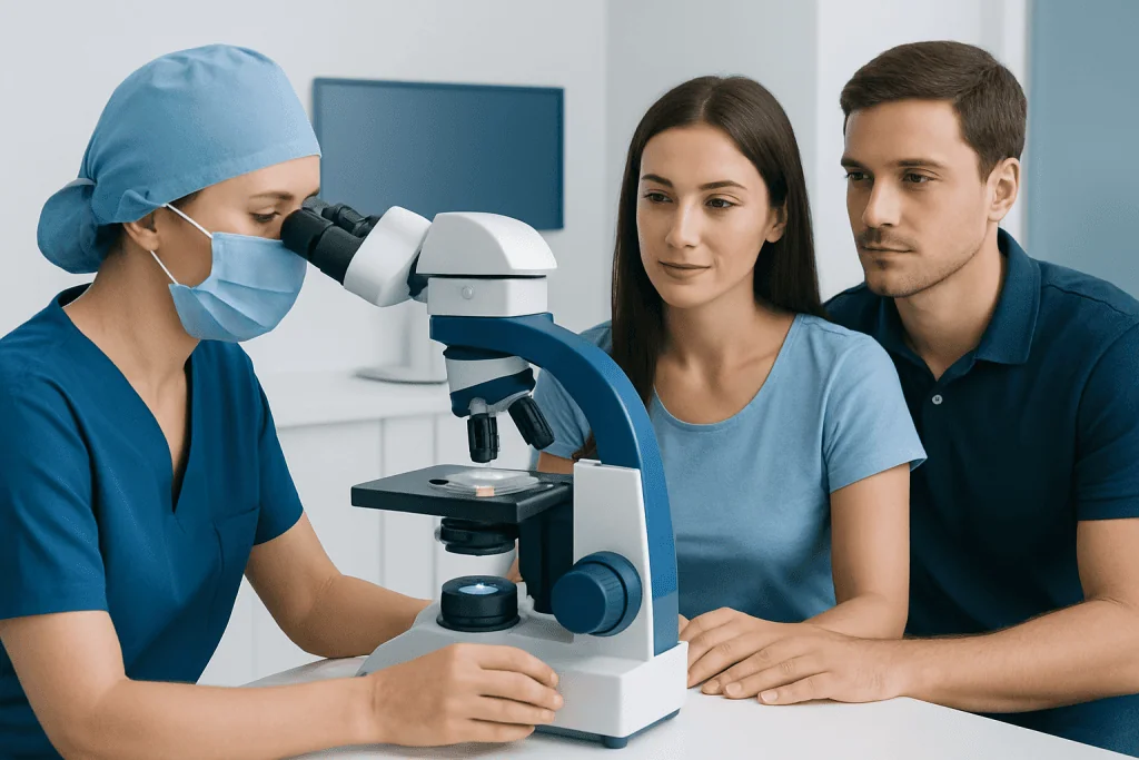 Doctor examining sample through microscope with couple in clinic setting.