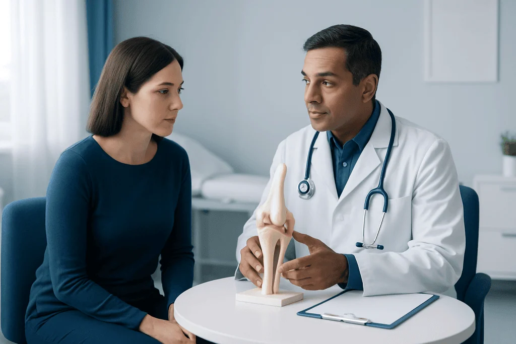 Orthopedic doctor explaining knee anatomy to patient with model.