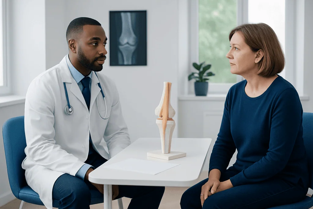 Doctor consulting with a patient about knee joint health in a medical office.