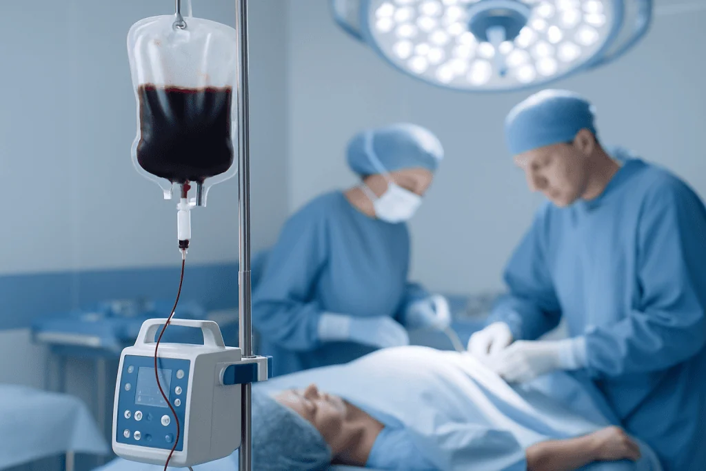 Blood transfusion in an operating room during cardiac surgery.