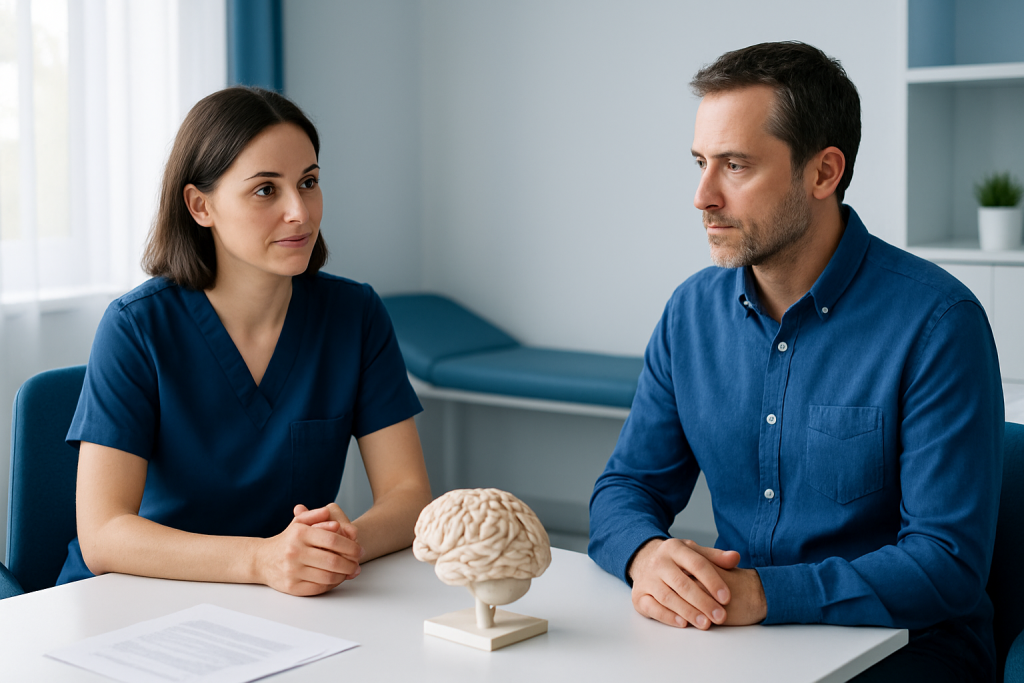 Doctor and patient discussing brain surgery options in a consultation room.