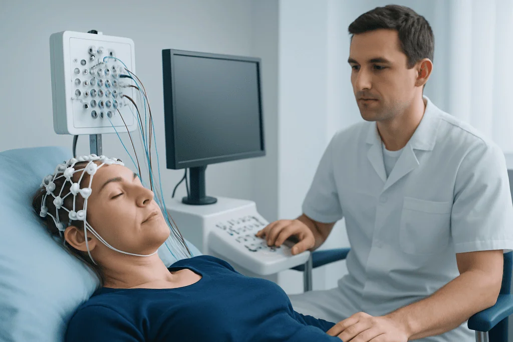Patient undergoing EEG brain wave monitoring in a medical clinic setting.