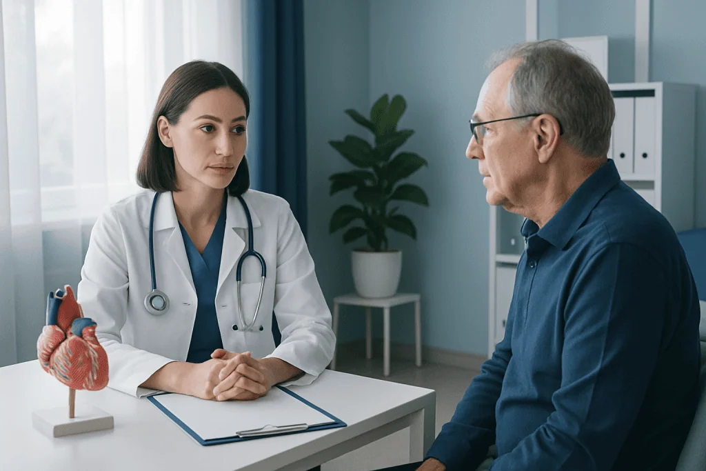 Doctor consulting with senior male patient in a medical office.