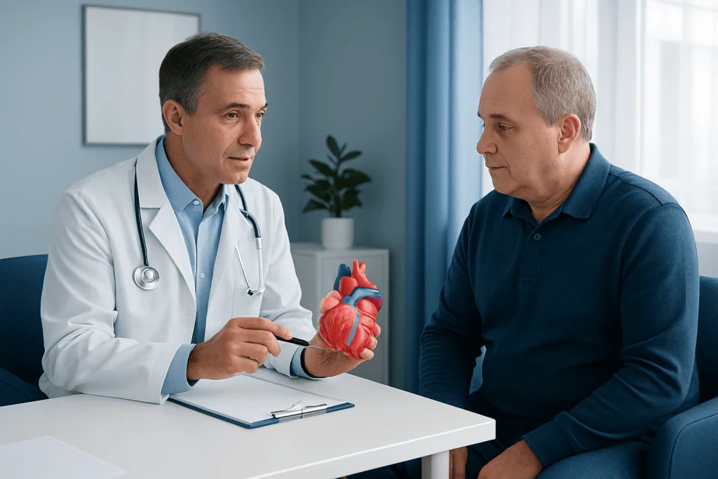 Cardiologist explaining heart health with a model of a heart to a patient.