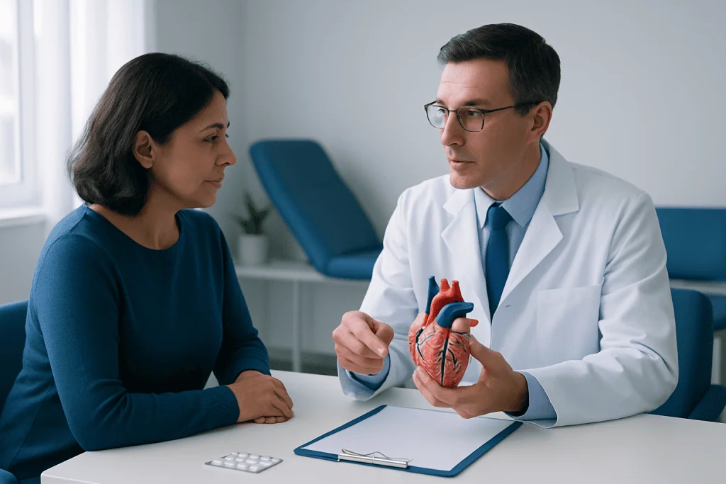Cardiologist explaining heart anatomy to a patient in a medical consultation.