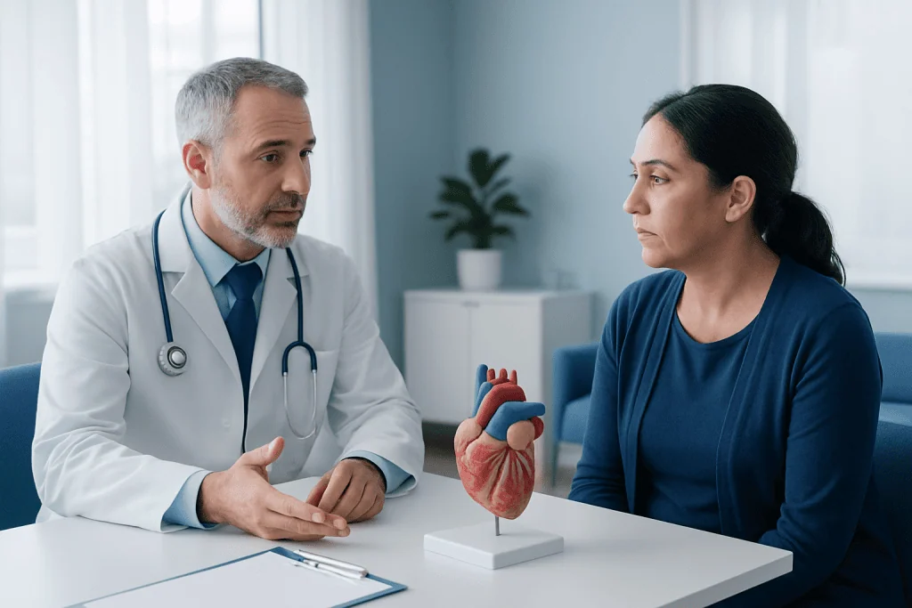 Cardiologist explaining heart health to a patient with a model of the heart.
