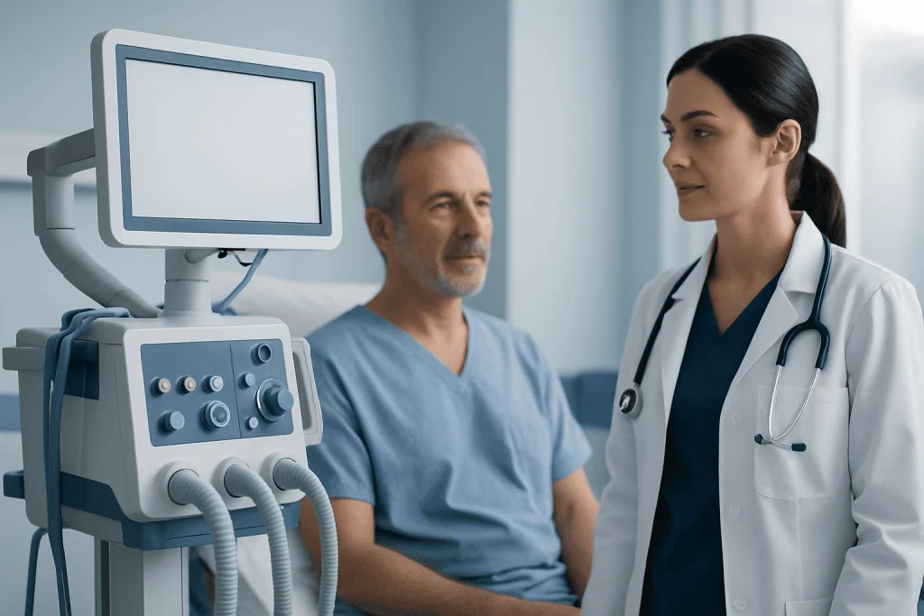 Doctor and patient in a hospital room with medical equipment.