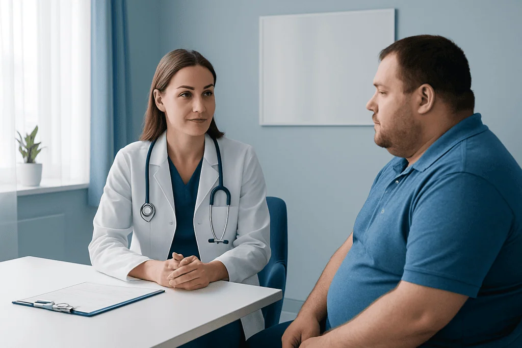 Doctor consulting with a patient about weight loss surgery recovery.