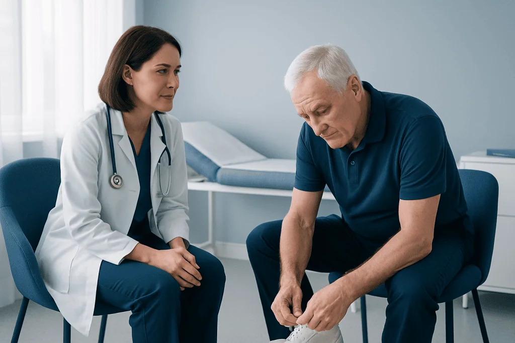 Doctor consulting with a senior male patient in a hospital room.