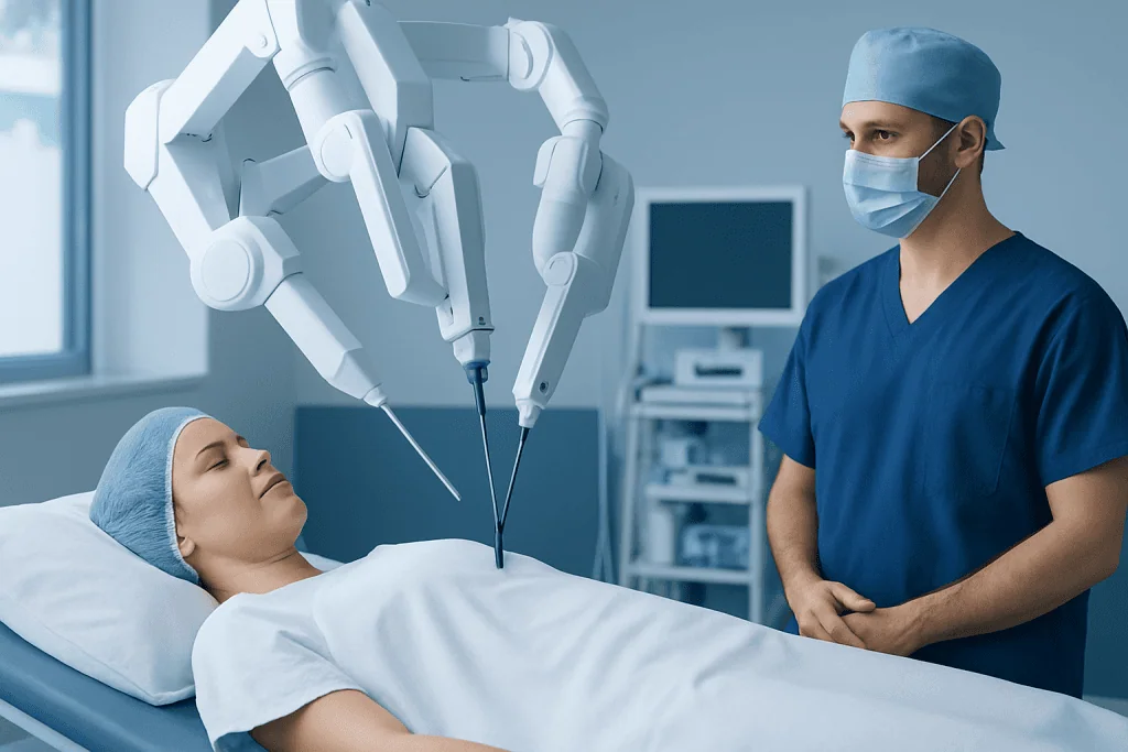 Surgeon using robotic surgical system during cancer surgery at Acibadem Hospital.
