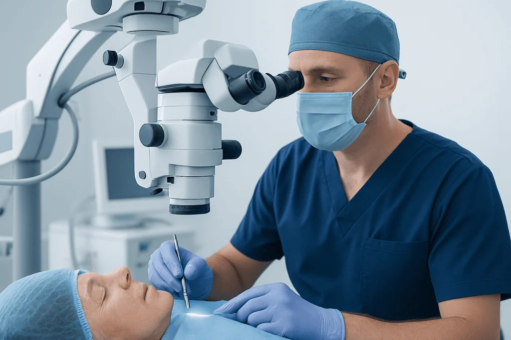 Surgeon performing cataract surgery with advanced microscope equipment.