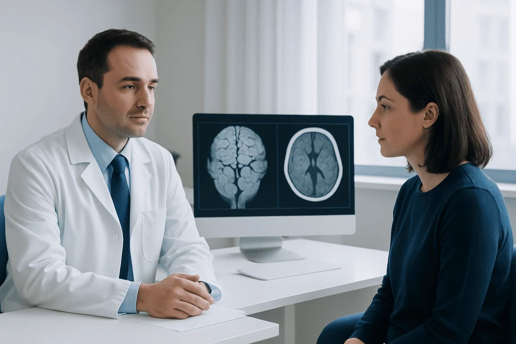 Doctor explaining brain scan results to patient in a medical consultation.