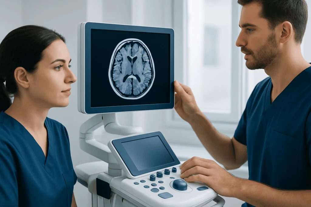 Medical professionals analyzing brain scan in a clinical setting.