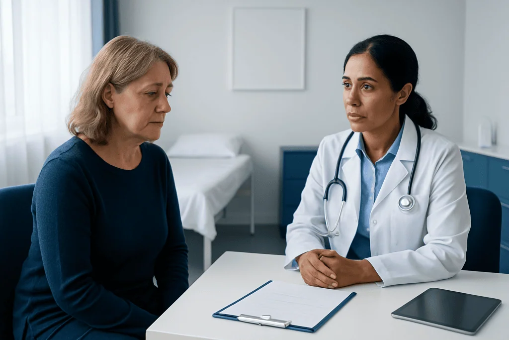 Doctor consulting with a female patient about brain health and aneurysm risks.