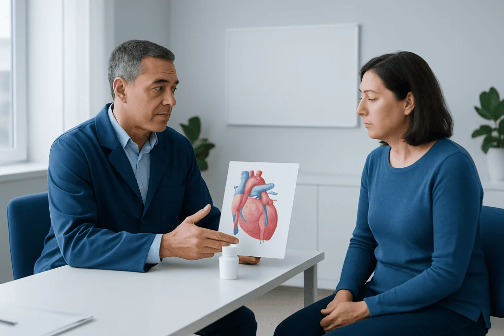 Cardiologist explaining heart health to a patient with heart diagram.