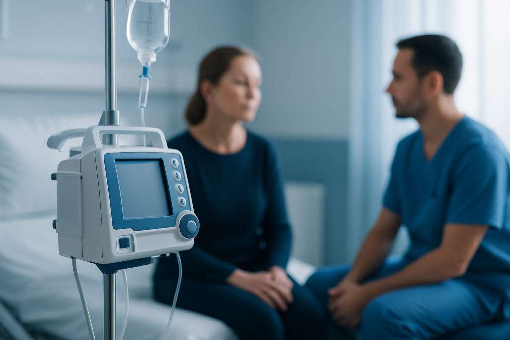 Patient and healthcare professional in a hospital room with medical equipment nearby.