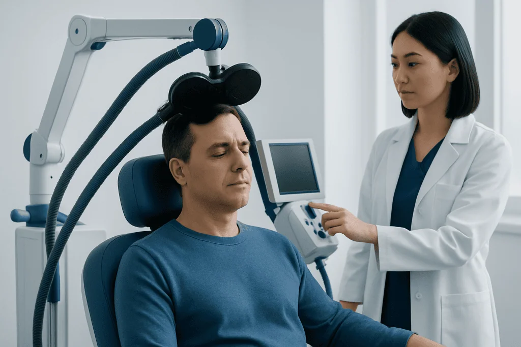 Doctor performing brain stimulation therapy on a patient in a clinical setting.
