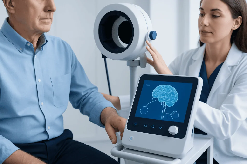 Medical professional performs brain scan on patient with advanced equipment.