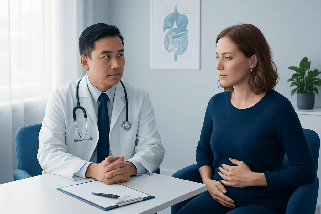 Doctor consulting female patient in a medical office setting.