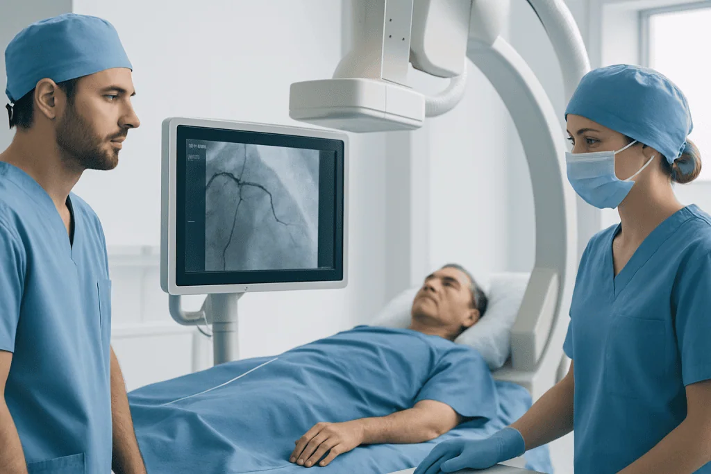Coronary CT Angiography 1 Medical professionals perform coronary angiography on a patient in a hospital.