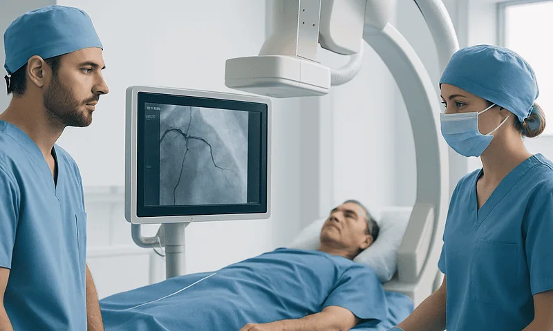 Medical professionals perform coronary angiography on a patient in a hospital.