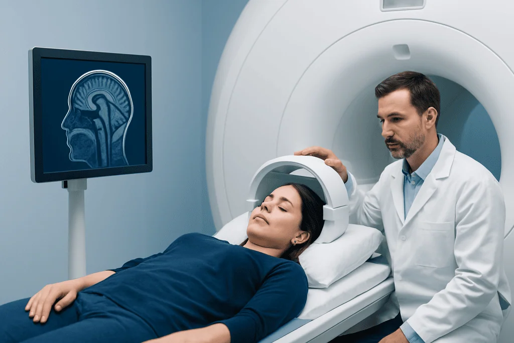 Patient undergoing MRI scan for headache evaluation at Acibadem Hospital.