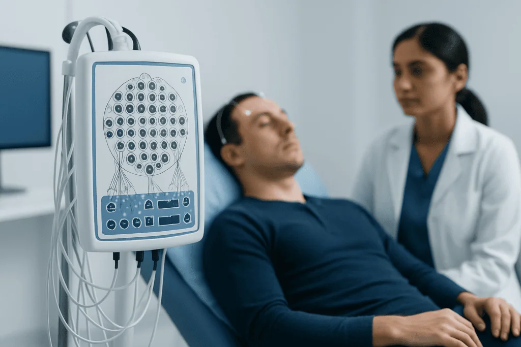Patient undergoing neurophysiology testing with EEG equipment in hospital.