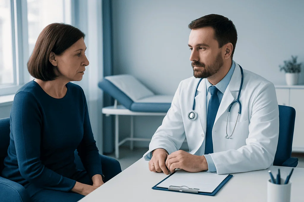 Doctor consulting with a female patient in a medical office setting.