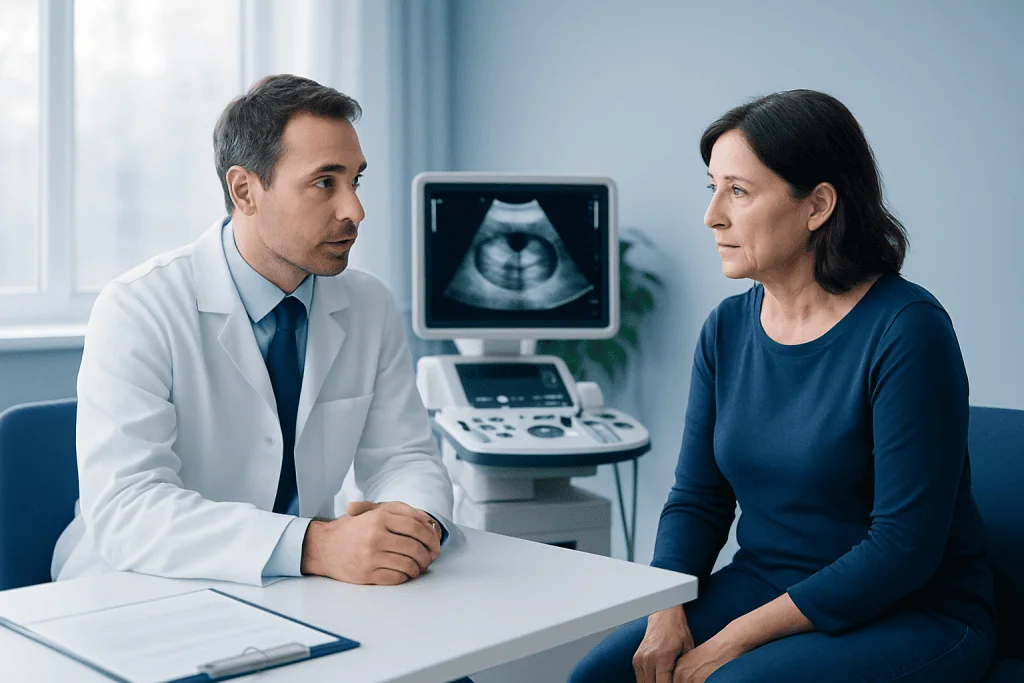 Doctor explaining renal ultrasound results to a patient in a clinic.