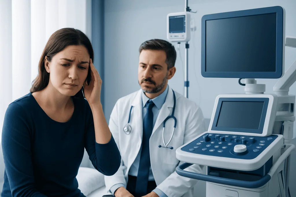 Doctor consulting a woman with headache in a hospital setting.